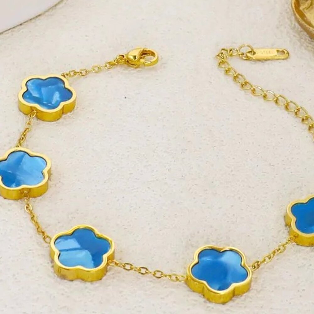 18K GOLD DIPPED FLORAL LINKS SKY BLUE ENAMEL INLAY GOLD DIP RIM CHUKY BRACELET